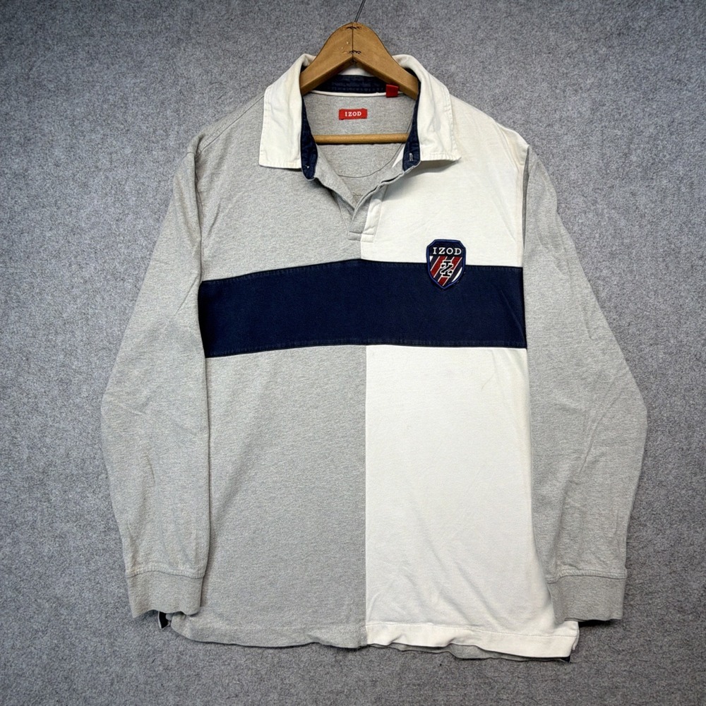 Vintage IZOD Men's Large Color Block Cotton Long Sleeve Rugby Shirt
